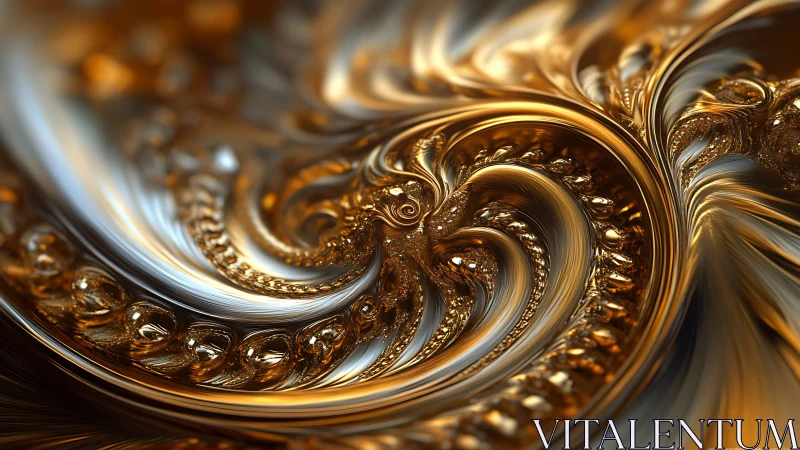 Liquid gold fractal spiral forms swirling metallic vortex
