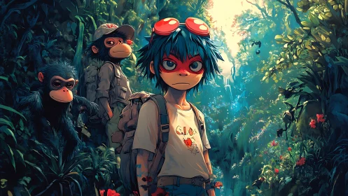 Blue-haired jungle explorer with monkeys in stylized light.