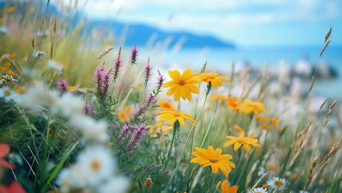 Wildflower Meadow with Yellow Blossoms Overlooking Mountain Lake