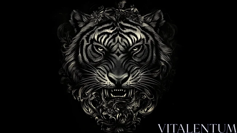 Monochrome ornamental tiger portrait with baroque linework