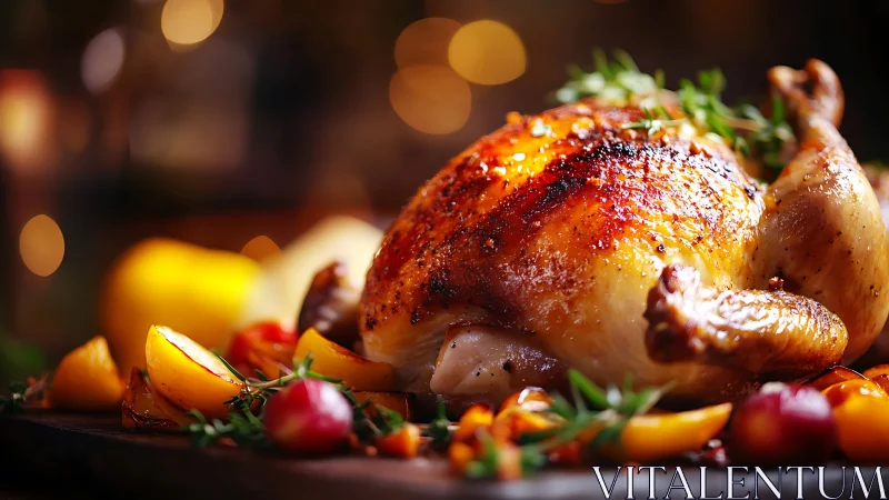 Roasted poultry with caramelized exterior displaying professional culinary rendering and warm ambien