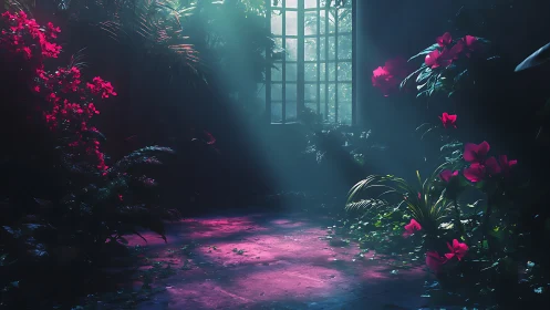 Moonlit greenhouse garden glows with luminous magenta blooms.