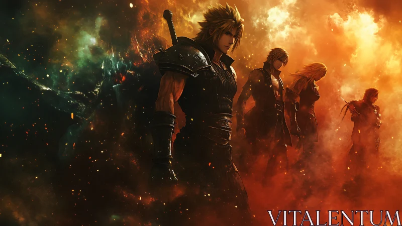 Armored warriors walking through dense fiery nebula clouds.