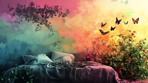 Dreamlit bed merges with blooming garden under auroras.