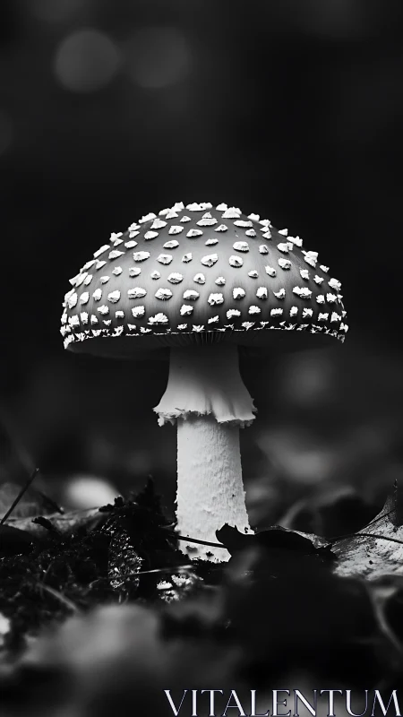 Monochrome macro study of solitary forest mushroom form.