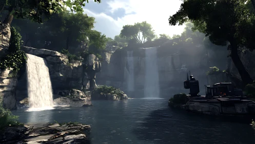 Canyon Waterfall Gorge with Cascading Waters and Industrial Excavator Equipment