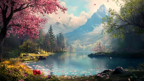 Serene lake with blossom trees and distant mountain peaks.
