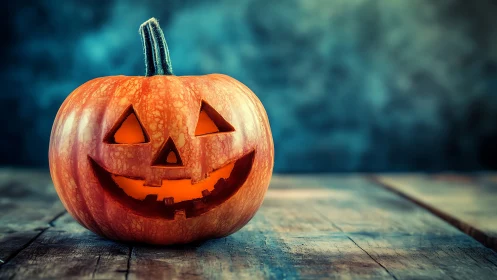 Glowing jack o lantern warms rustic wooden tabletop scene.