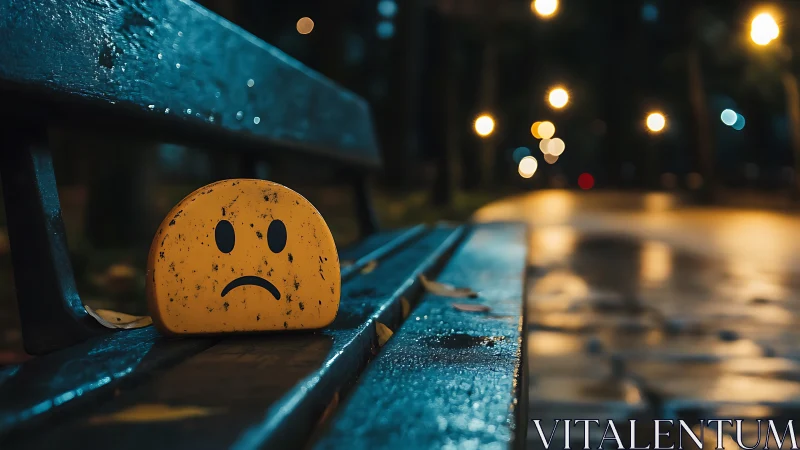 Yellow sad face object on wet park bench at night.