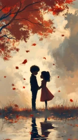 Two Silhouettes Share Moment Under Autumn Tree