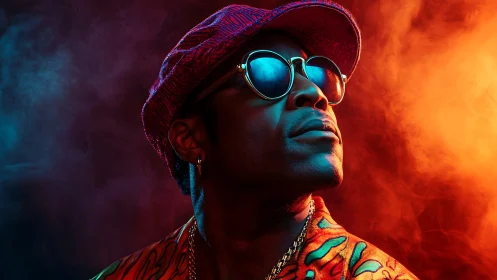 Stylish man in neon smoke gazes upward in bold confidence