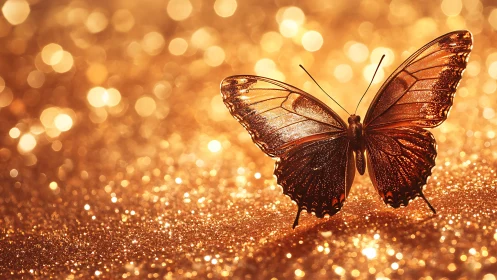 Macro butterfly on glittering golden bokeh background surface
