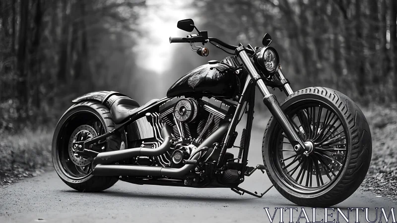 Monochrome custom V-twin cruiser in shallow-depth forest lane.