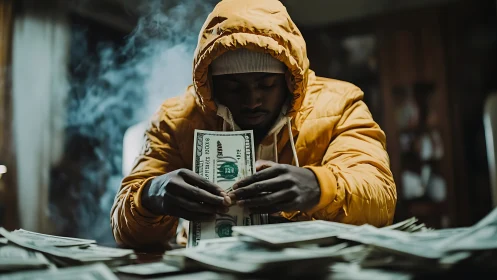 Hooded night counter weighs money in smoky urban hush.