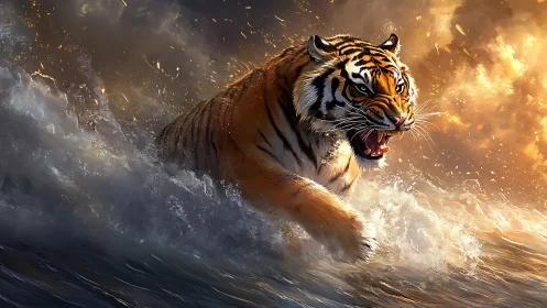 High-energy tiger charge through turbulent water and explosive light field