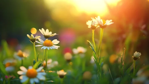 Shallow depth field daisy composition with warm bokeh rendering and chromatic intensity gradation
