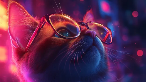 Neon-lit feline portrait uses rim lighting and reflective glasses
