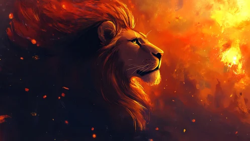 Digital side-profile lion rendered in warm, fiery tones
