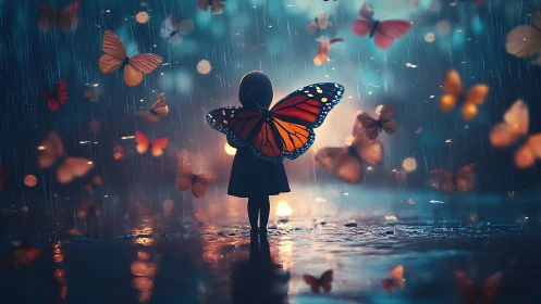 Midnight rain turns a winged child into living lantern light