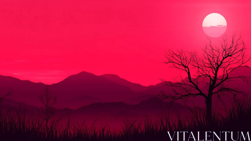 Crimson sunset silhouettes distant hills and lone winter tree