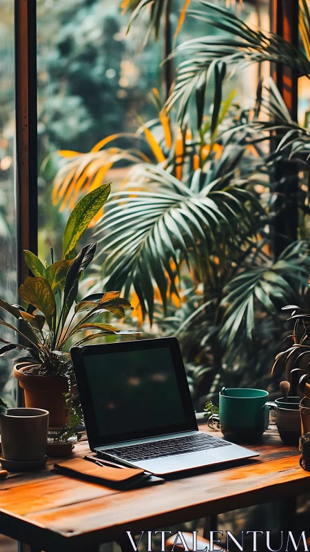 Laptop workspace near window with dense indoor foliage.