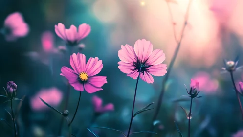 Pink cosmos flowers with blurred background in shallow depth of field