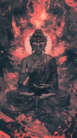 Serene meditative Buddha with fiery halo and flowing robes.