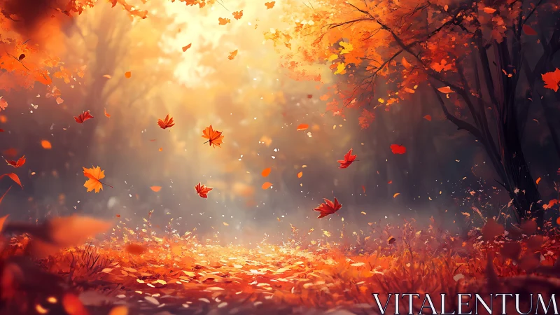 Sunlit autumn forest glows as leaves swirl in warm air.