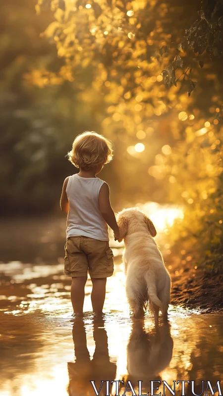 Child and dog stand in golden river light at sunset.