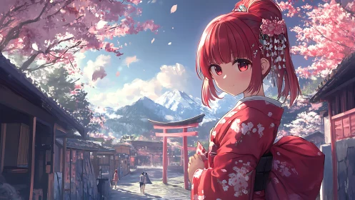 Spring stroll with a red-haired girl in a cherry blossom town.