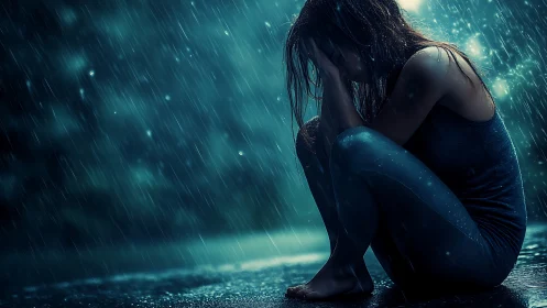 Desaturated low key portrait of crouched woman crying in rain
