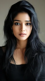 Portrait of young woman with long dark hair, neutral background.