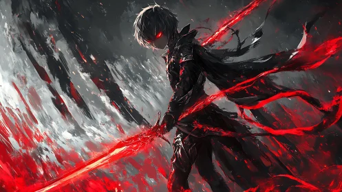 Crimson-eyed warrior commanding a blazing voidblade storm.