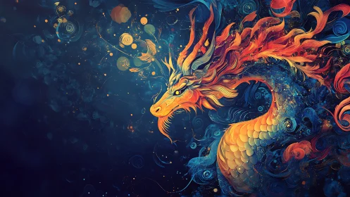 Fiery orange dragon curls through swirling blue abstract space.