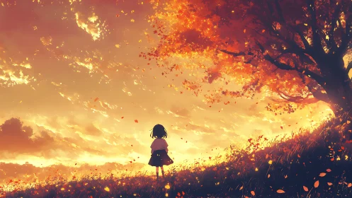 Anime sunset under blazing autumn canopy, wide scenic frame.