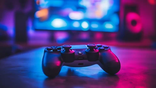 Game controller on desk under blue and magenta lighting.