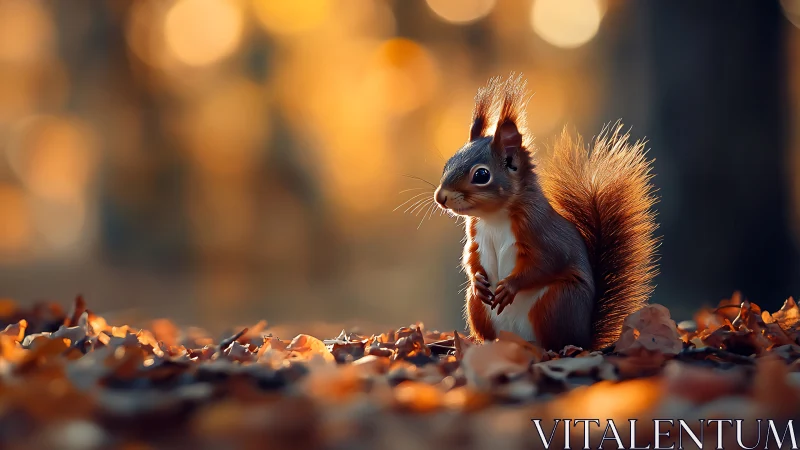 Curious Squirrel in Autumn Forest, Warm Golden Bokeh Photography.