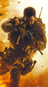 Dynamic combat operator in high-intensity explosive environment.