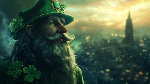 Emerald city leprechaun gazes over twilight skyline dream.