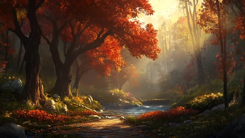 Luminescent Autumn Forest with Flowing Water and Golden Hour Light.