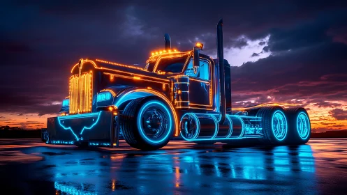 Futuristic semi truck stands on wet surface under dusk sky