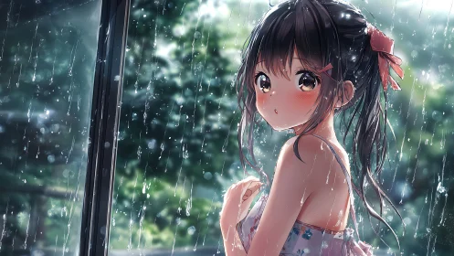 Anime girl pauses in gentle summer rain by a window.