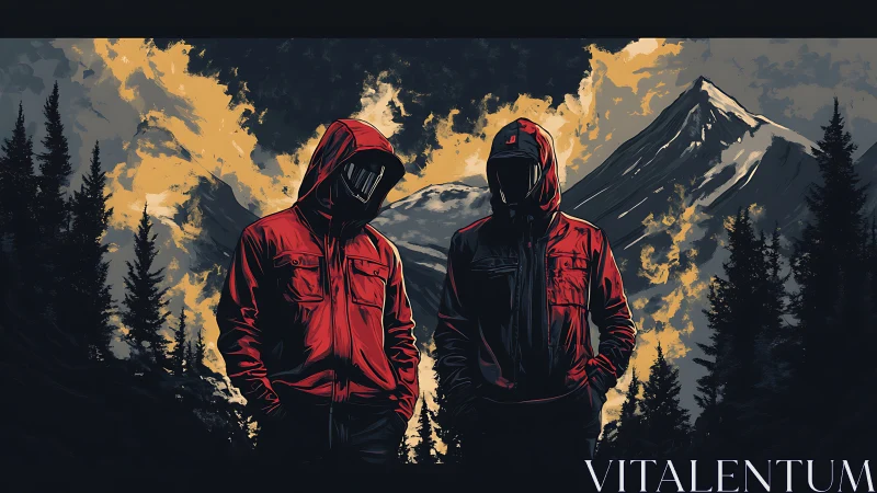 Hooded figures in red jackets before storm-lit alpine range