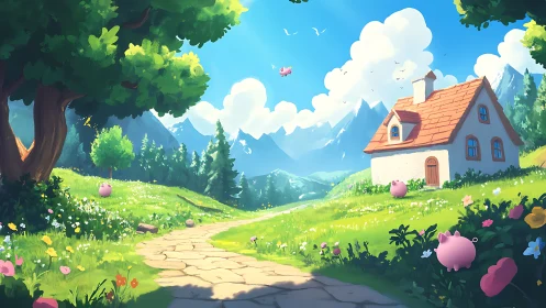 Pastel pigs meander through a sunlit mountain meadow dream