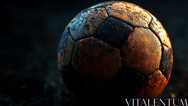 Textured low-key close-up of mud-encrusted soccer ball surface.