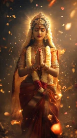 Divine Indian bride in glowing saffron prayer aura.
