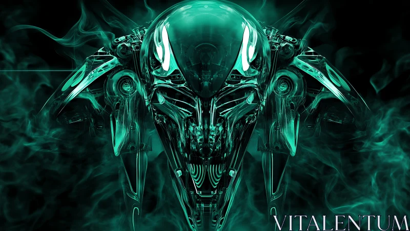 Futuristic teal mech spirit emerging from swirling neon fog.