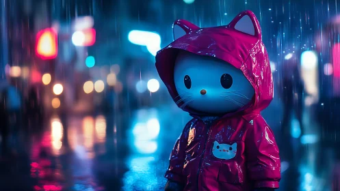 Cat-hooded character figure in neon-lit rainy city street.