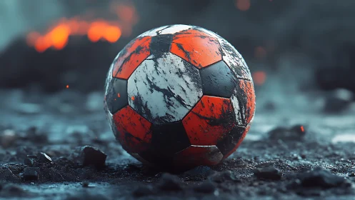 Cinematic close-up of a weathered soccer ball on scorched pitch.