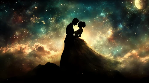 Celestial Romance: Silhouetted Lovers in Stardust.